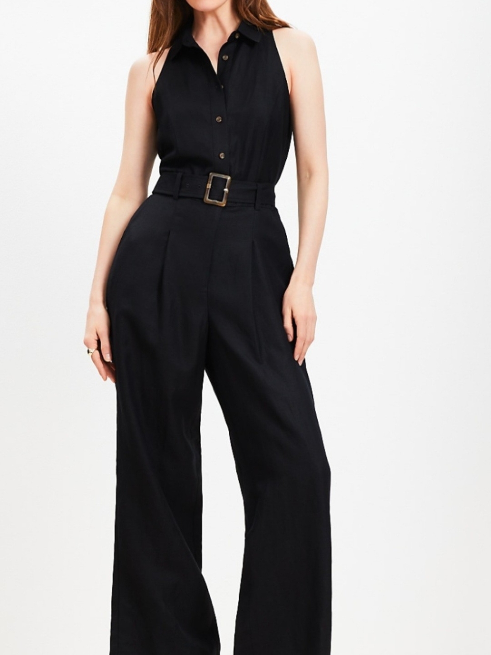 LOFT Black Sleeveless Wide-Leg Jumpsuit with Belt